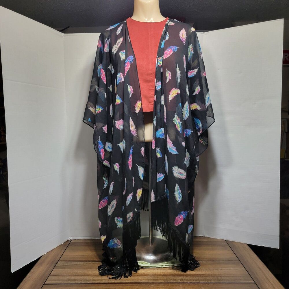 Xhilaration Sheer Cover Jacket w/Fringe, Black w/Feathers - Size L/XL
